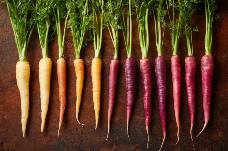 Row of rainbow carrots with green tops arranged on a dark textured surface