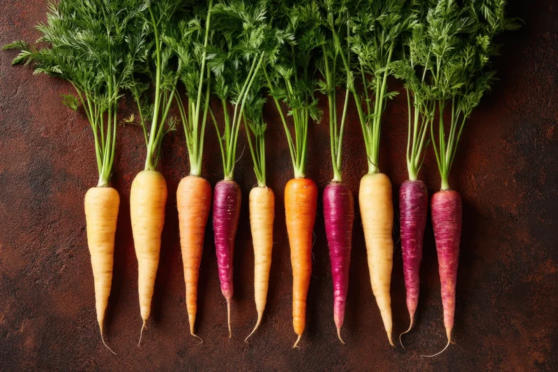 Row of rainbow carrots with green tops arranged on dark textured surface