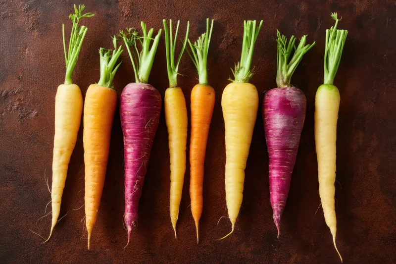 Row of rainbow carrots with green tops arranged on a dark textured surface