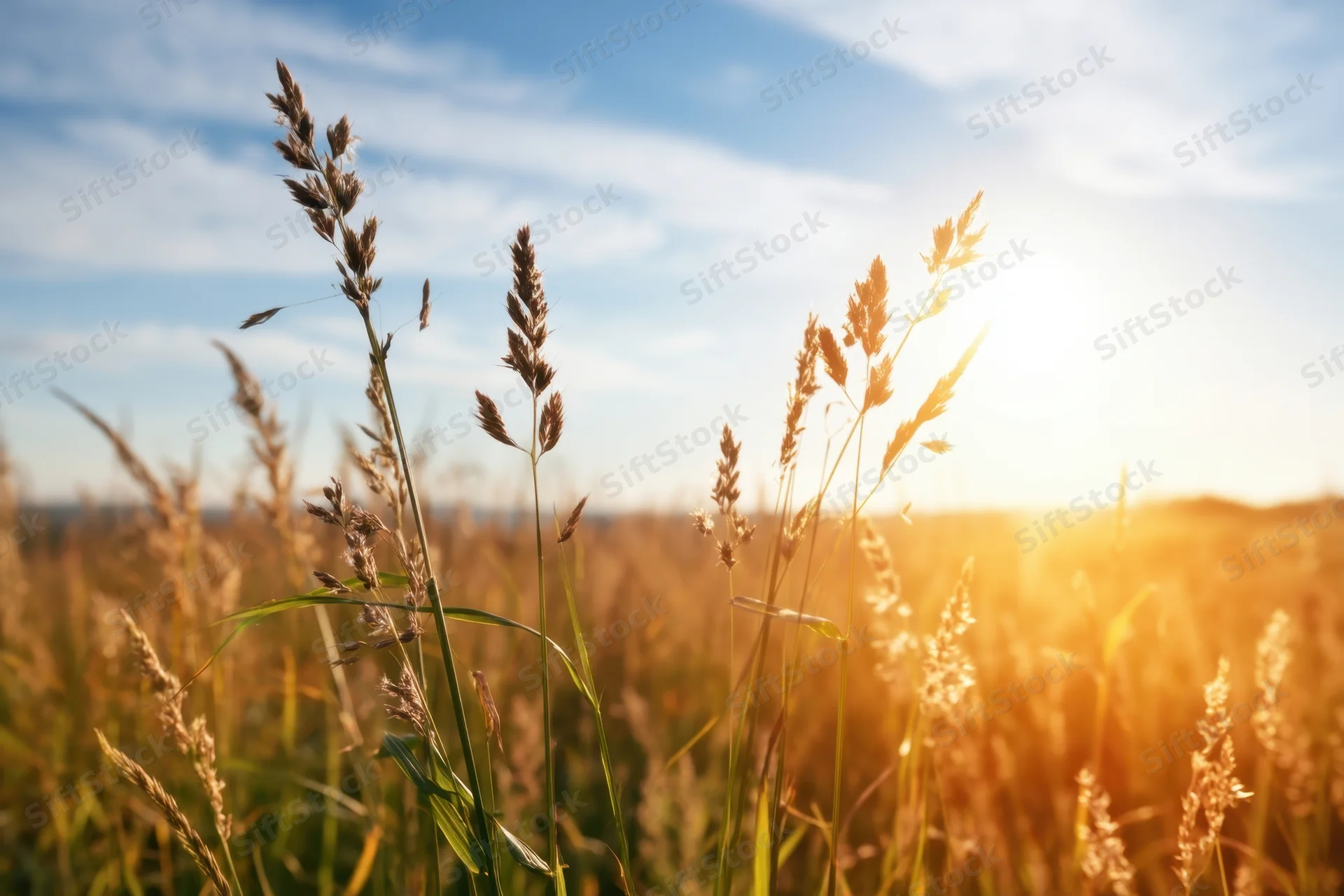 Tall grasses in a sunlit field with blue sky and golden light