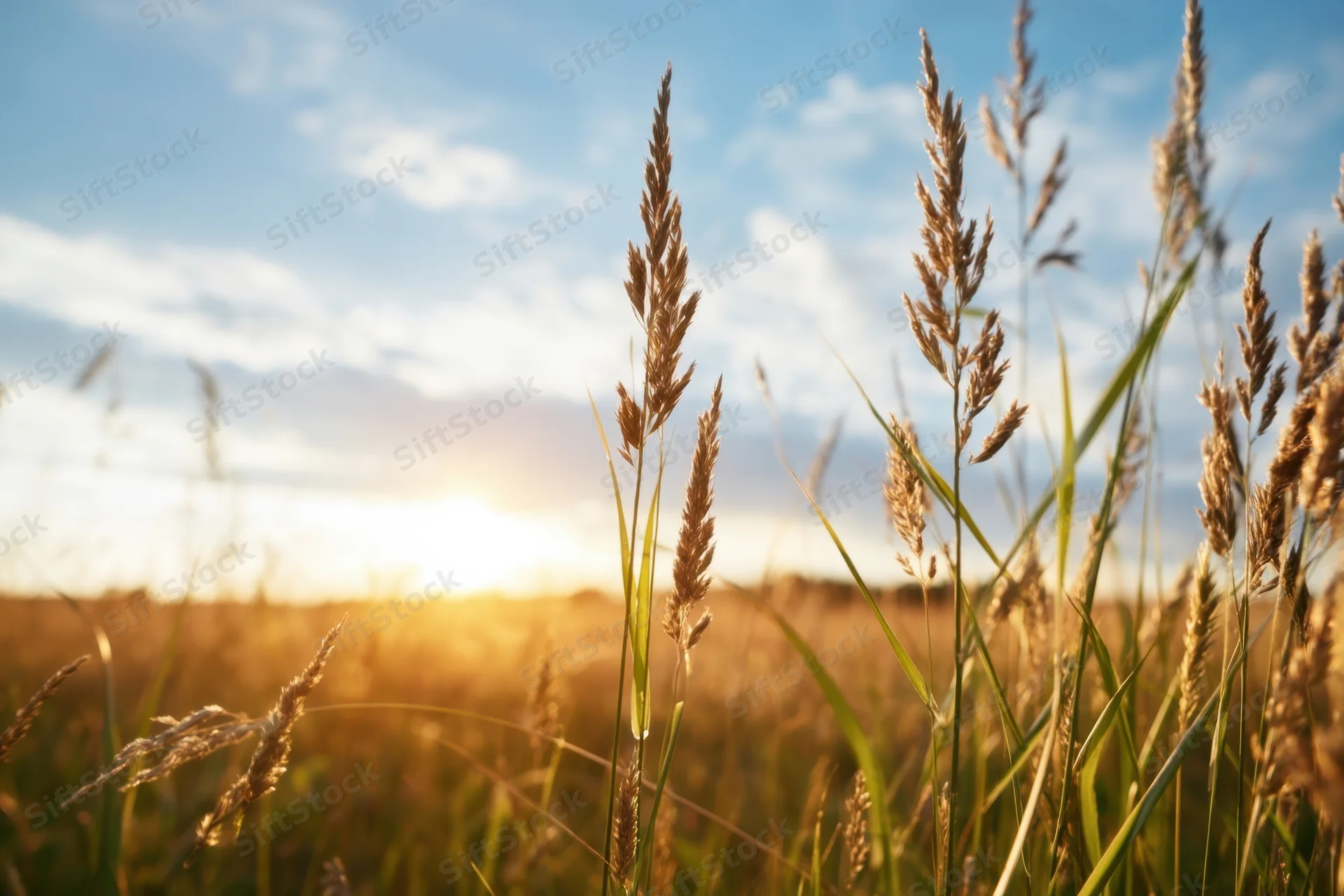 Tall grasses in a sunlit field at golden hour