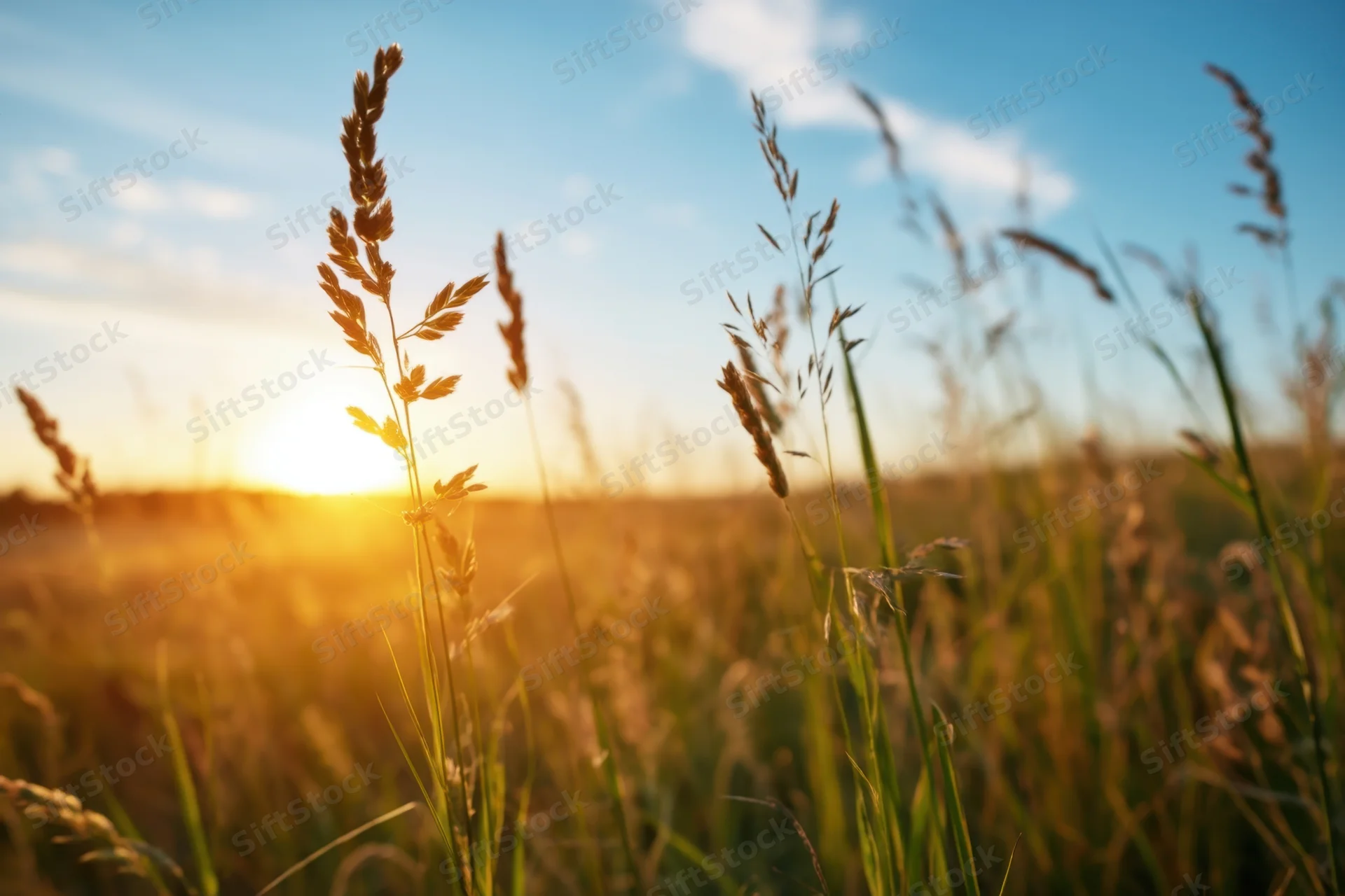 Tall grasses in a sunlit field at sunset