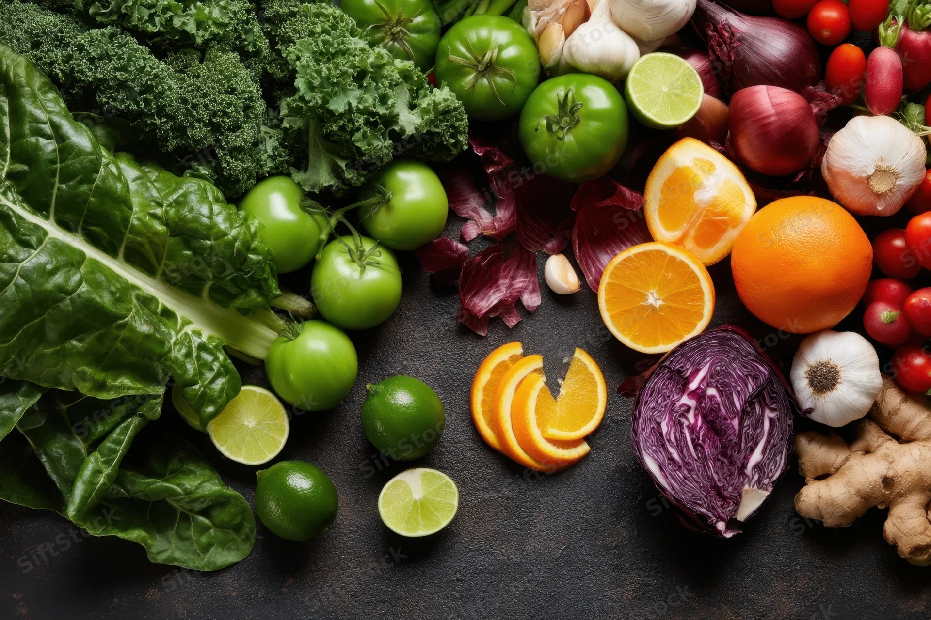 Assortment of fresh vegetables and fruits arranged on dark surface