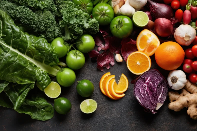 Assortment of fresh vegetables and fruits arranged on dark surface