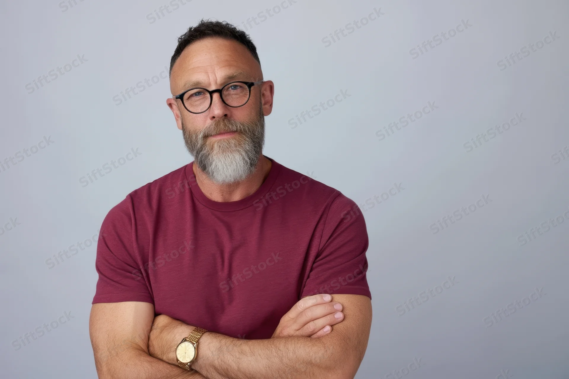 Bearded man with glasses and arms crossed in a studio portrait wearing a maroon tshirt and gold watch