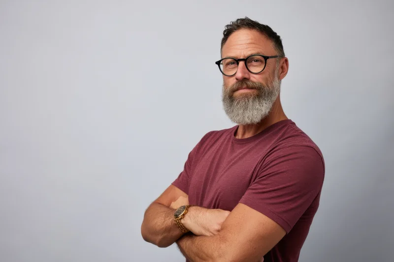 Bearded man with glasses standing with arms crossed in studio setting