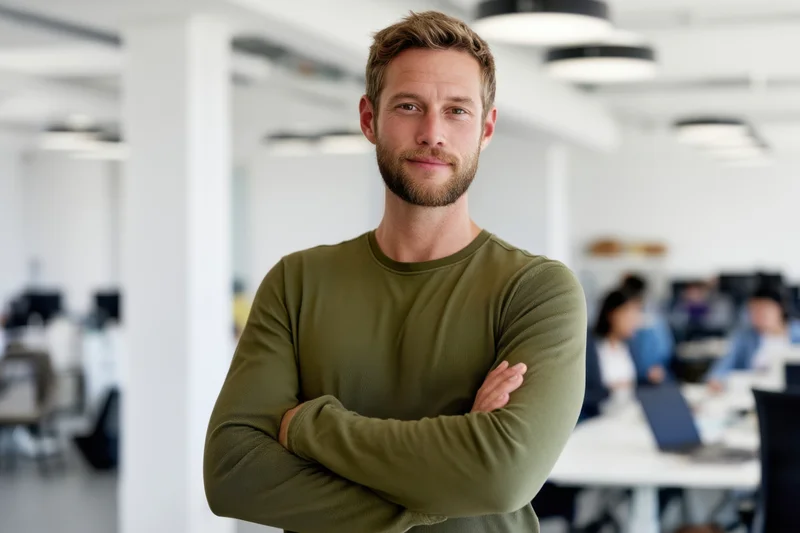 Man with arms crossed smiling in modern office workspace