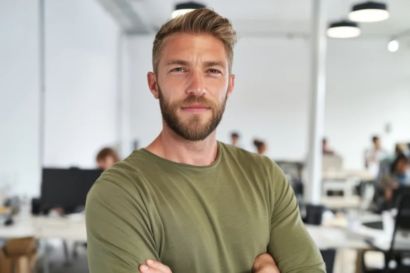 Man with arms crossed smiling in modern office workspace