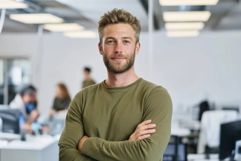 Man with arms crossed standing in modern office with colleagues working at desks in background