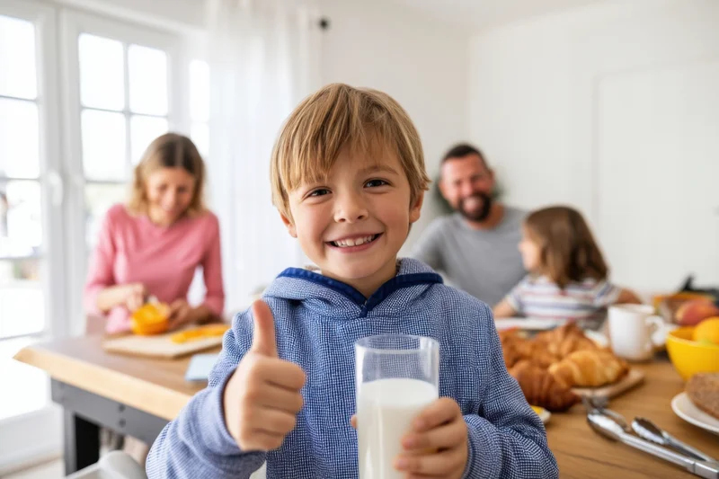 Smiling child giving thumbs up while holding glass of milk at breakfast table with family in kitchen