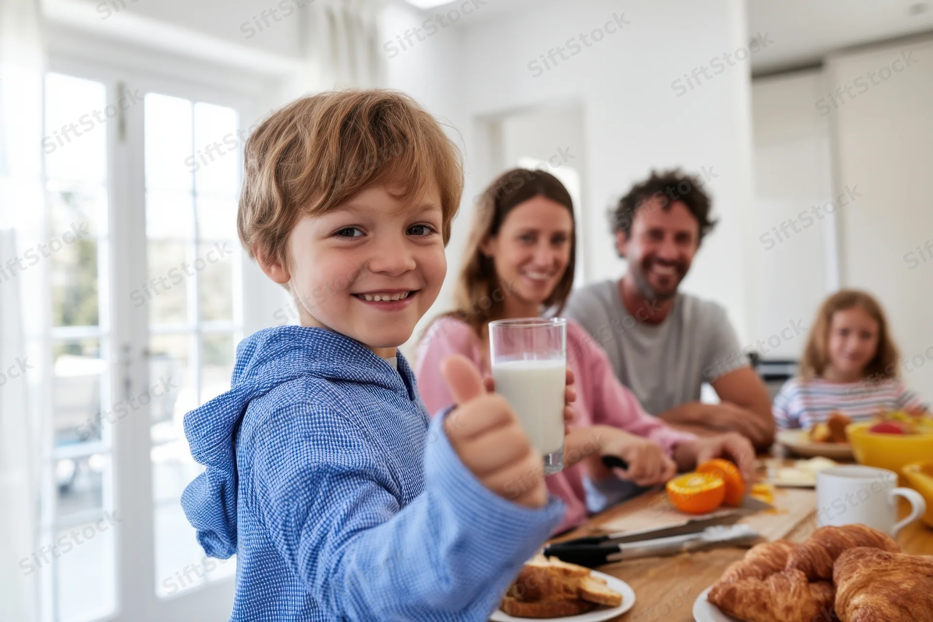 Young boy holding a glass of milk and giving a thumbs-up at a family breakfast table with parents and sister in the background
