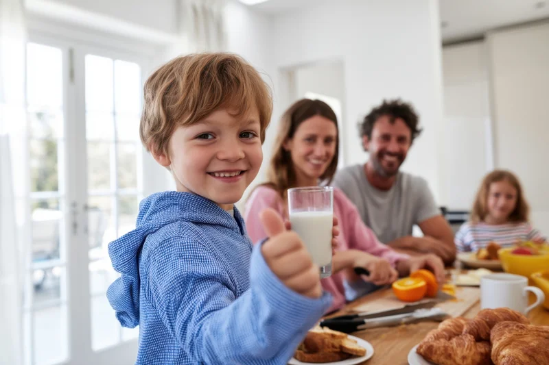 Young boy holding a glass of milk and giving a thumbs-up at a family breakfast table with parents and sister in the background
