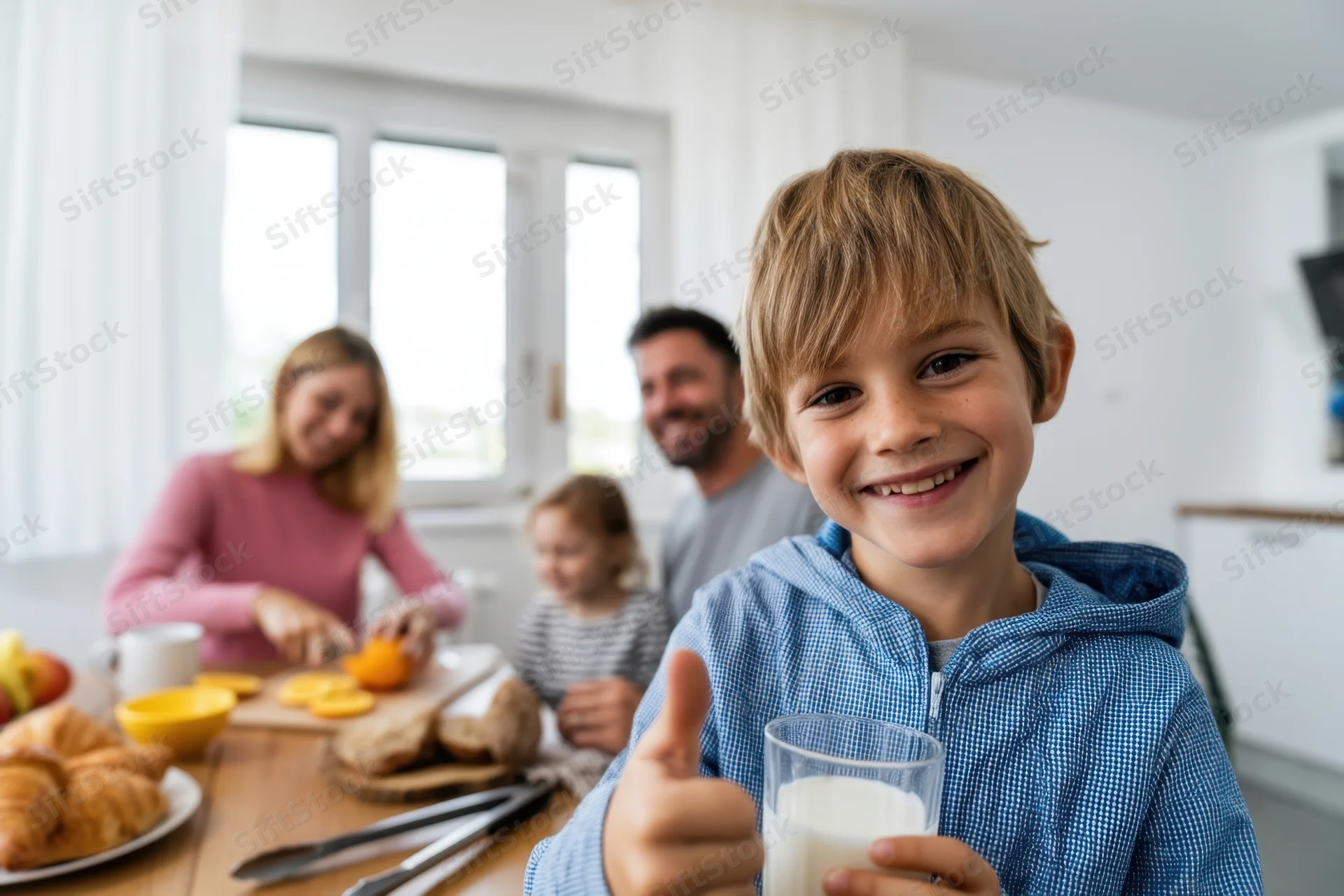 Boy smiling and giving thumbs up while holding a glass of milk at breakfast table with family in kitchen background