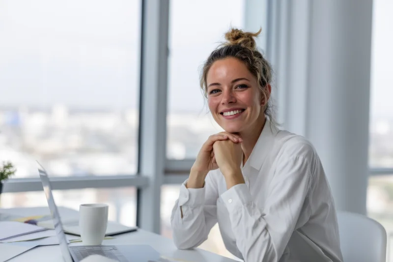 Woman smiling at desk in modern office with laptop and city view