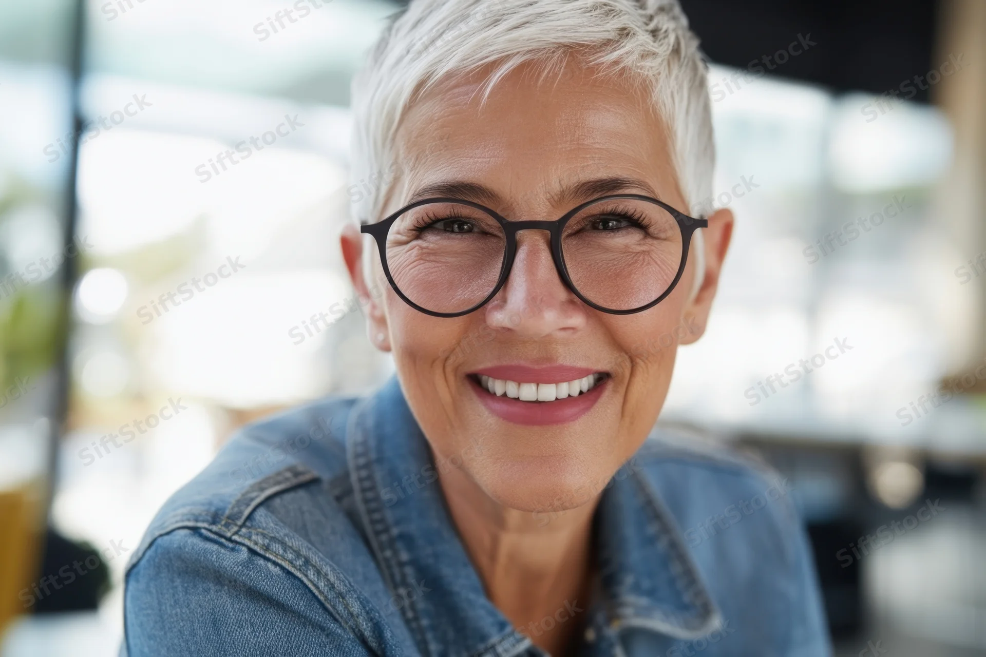 Smiling senior woman with short white hair and round glasses wearing denim jacket in office setting