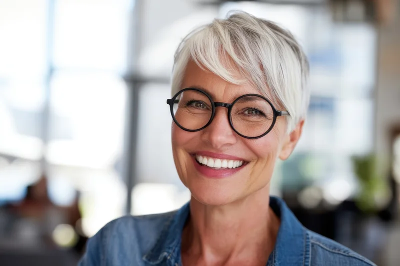 Smiling woman with short white hair and round glasses in a bright office interior