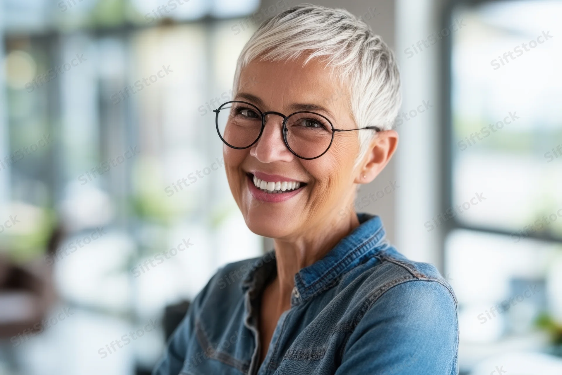 Smiling woman in denim shirt and glasses in modern office interior