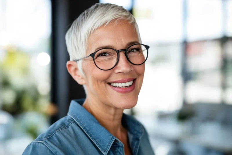 Smiling woman in denim shirt and glasses in office setting