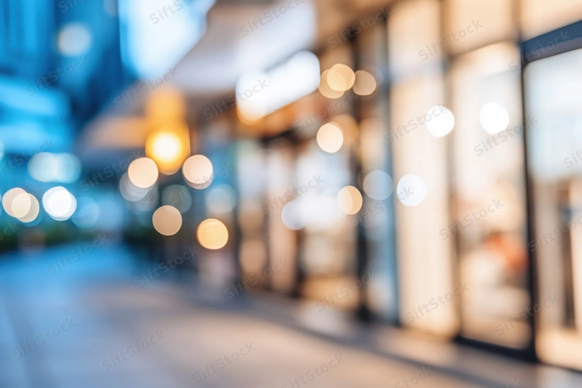 Blurred city street with glass storefronts and soft bokeh lights at dusk
