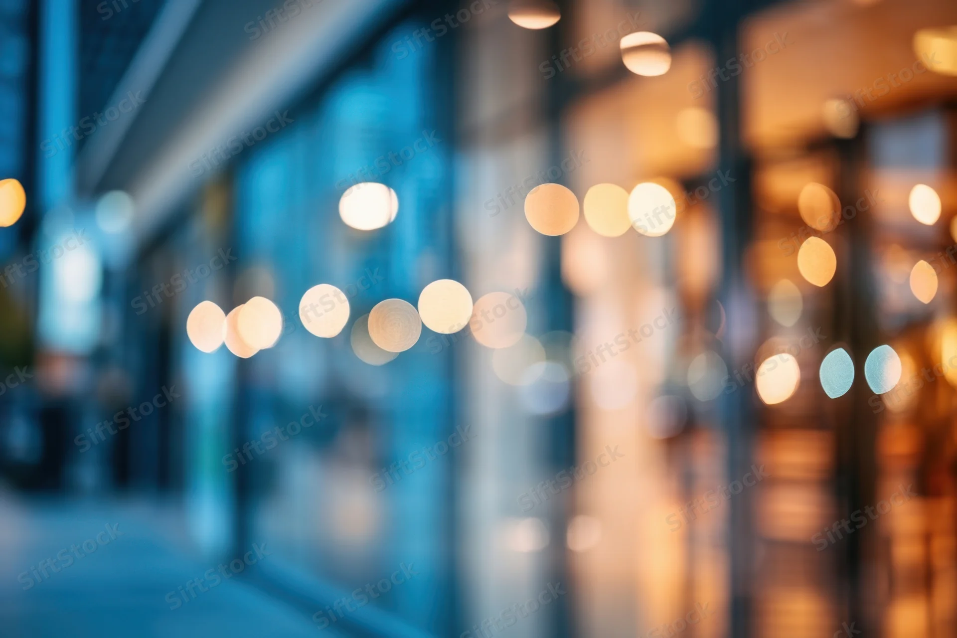 Blurred cityscape with glass storefronts and soft bokeh lights at evening