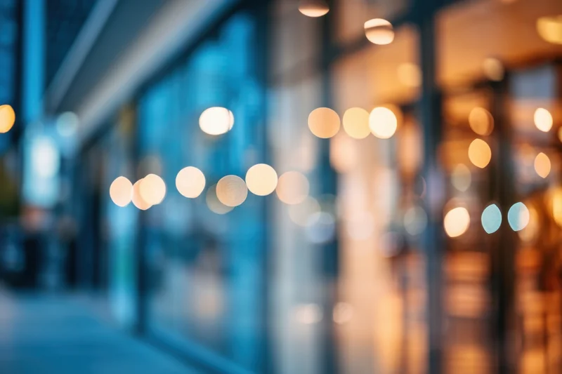 Blurred cityscape with glass storefronts and soft bokeh lights at evening