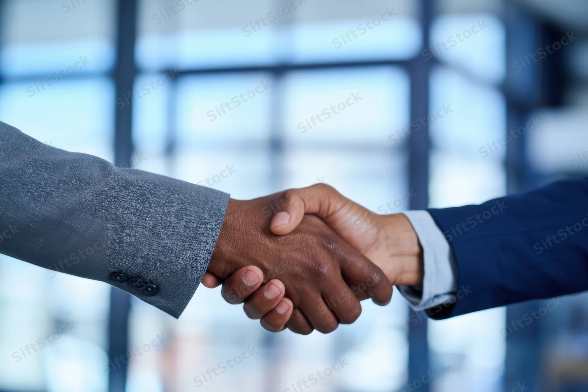 Close-up of two business professionals shaking hands in an office setting
