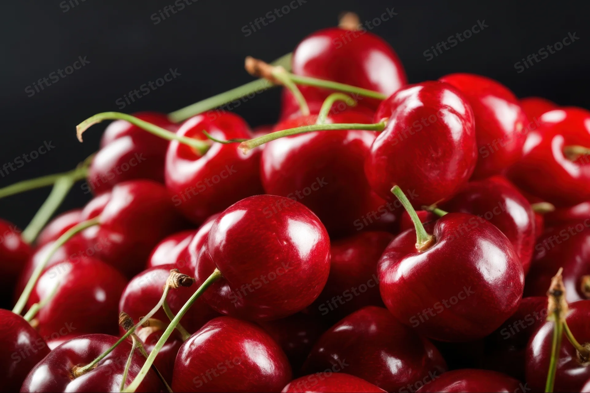 Close-up pile of glossy red cherries with green stems on dark background