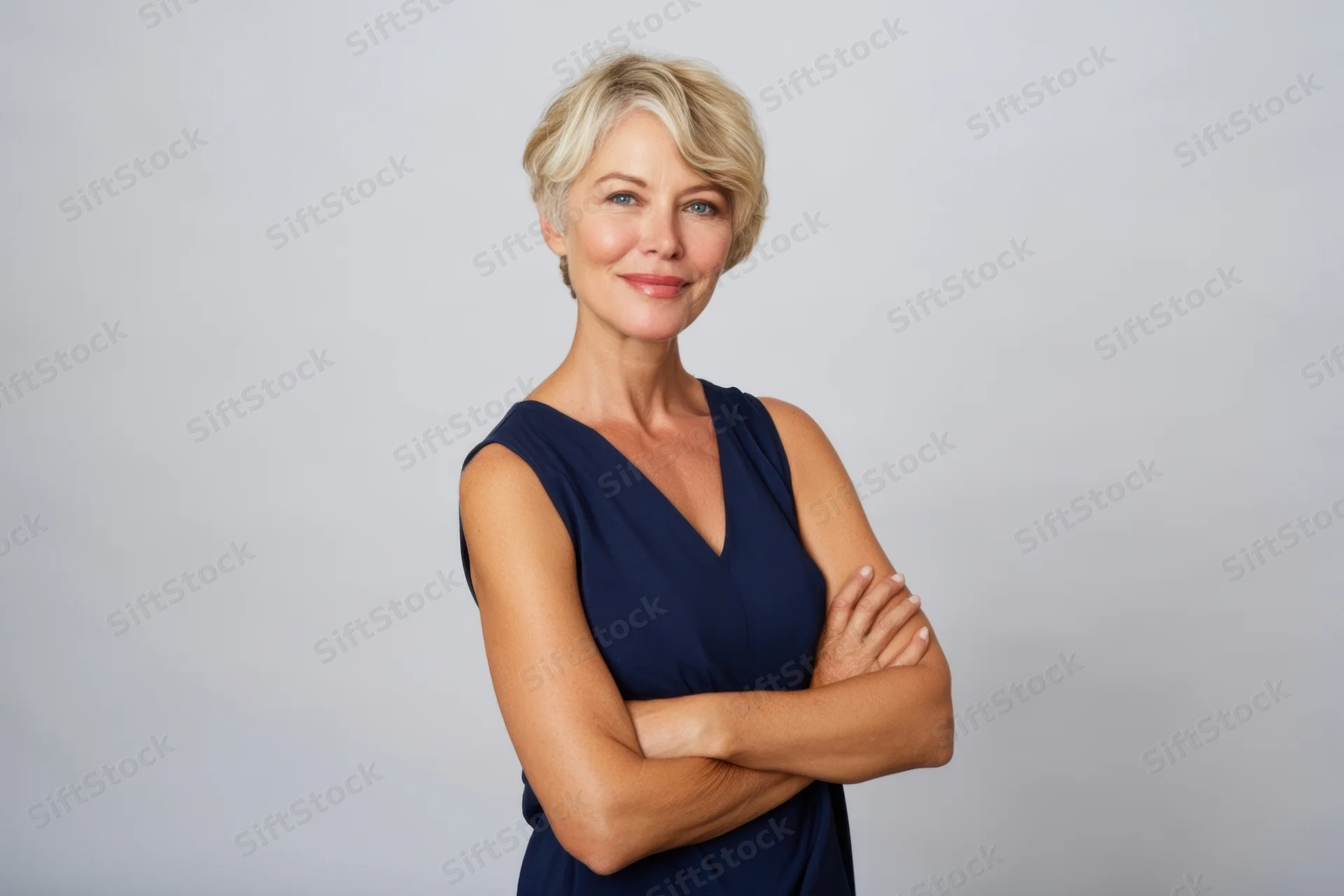 Confident middle-aged woman with short blonde hair standing with arms crossed in a navy sleeveless dress against a white background