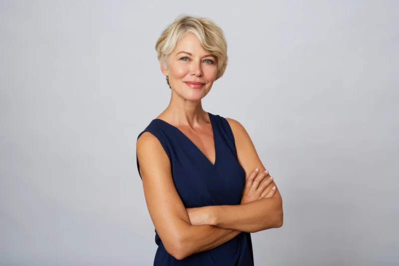 Confident middle-aged woman with short blonde hair standing with arms crossed in a navy sleeveless dress against a white background