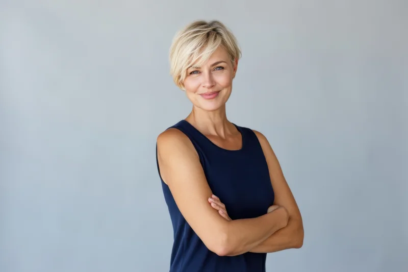 Confident middle-aged woman with short blonde hair smiling with arms crossed in studio portrait