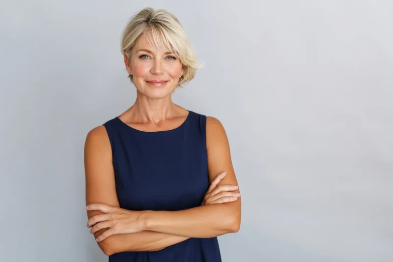 Confident middle-aged woman with short blonde hair standing with arms crossed in a navy sleeveless dress against a light gray background
