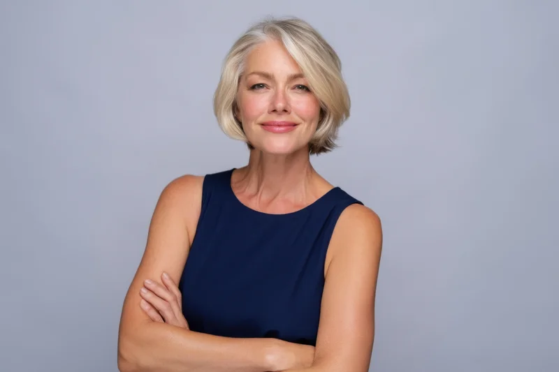 Confident middle-aged woman with short blonde hair smiling with arms crossed in studio portrait