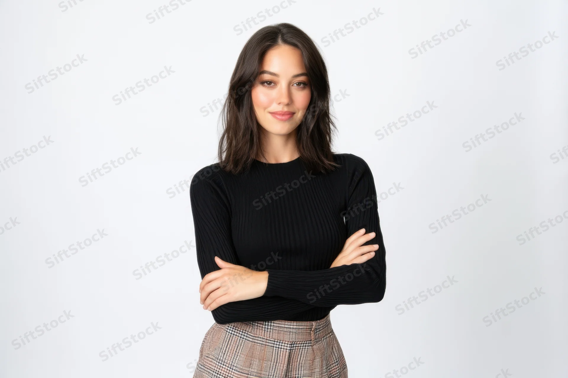 Confident woman standing with arms crossed in black ribbed sweater and plaid skirt against white background