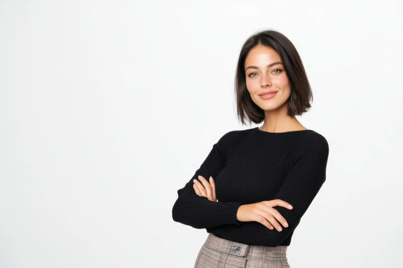 Confident woman standing with arms crossed in black sweater and plaid pants against white background