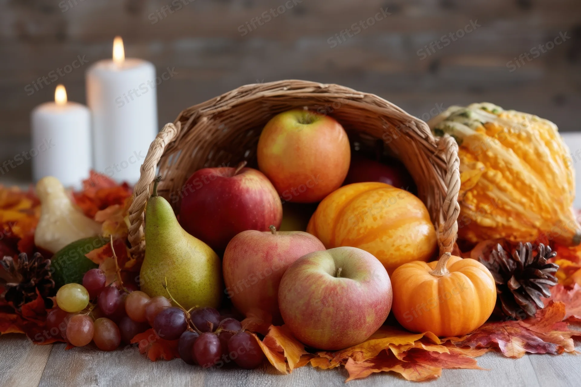 Tipped wicker basket spilling apples pears grapes pumpkins and gourds on autumn leaves with candles on wooden table