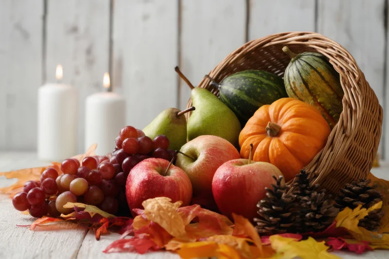 Tipped wicker basket spilling autumn fruits and vegetables on a wooden table with candles and fall leaves