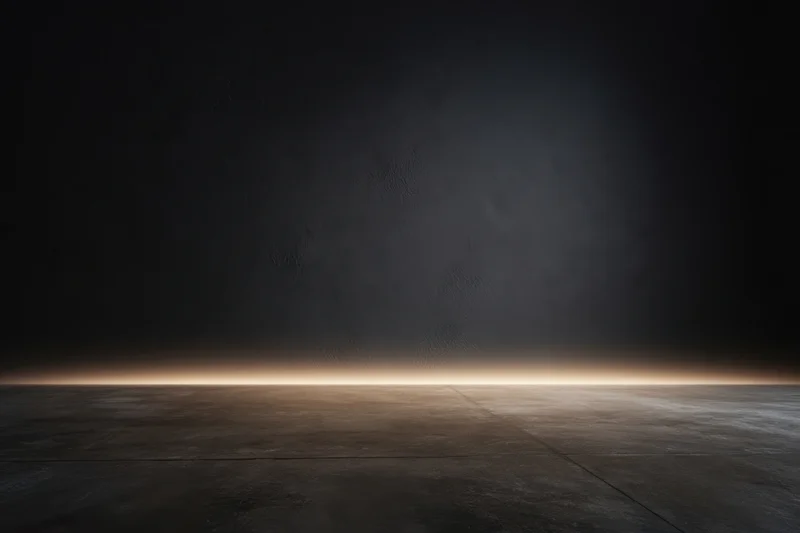 Empty studio interior with textured charcoal wall and concrete floor under dim spotlight lighting