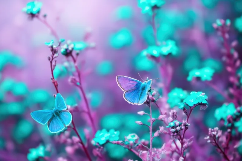 Two butterflies resting on turquoise blossoms in a dreamlike meadow