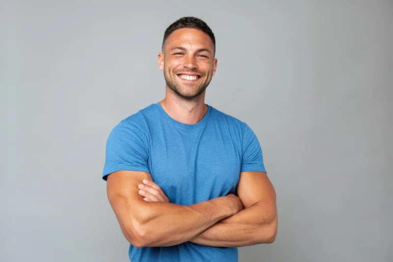 Fit man smiling with arms crossed wearing blue tshirt in studio