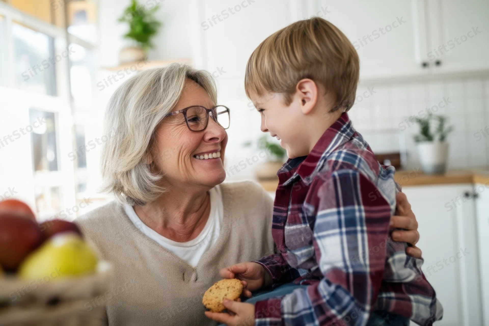 Grandmother smiling at her grandson as he holds a cookie in a bright kitchen