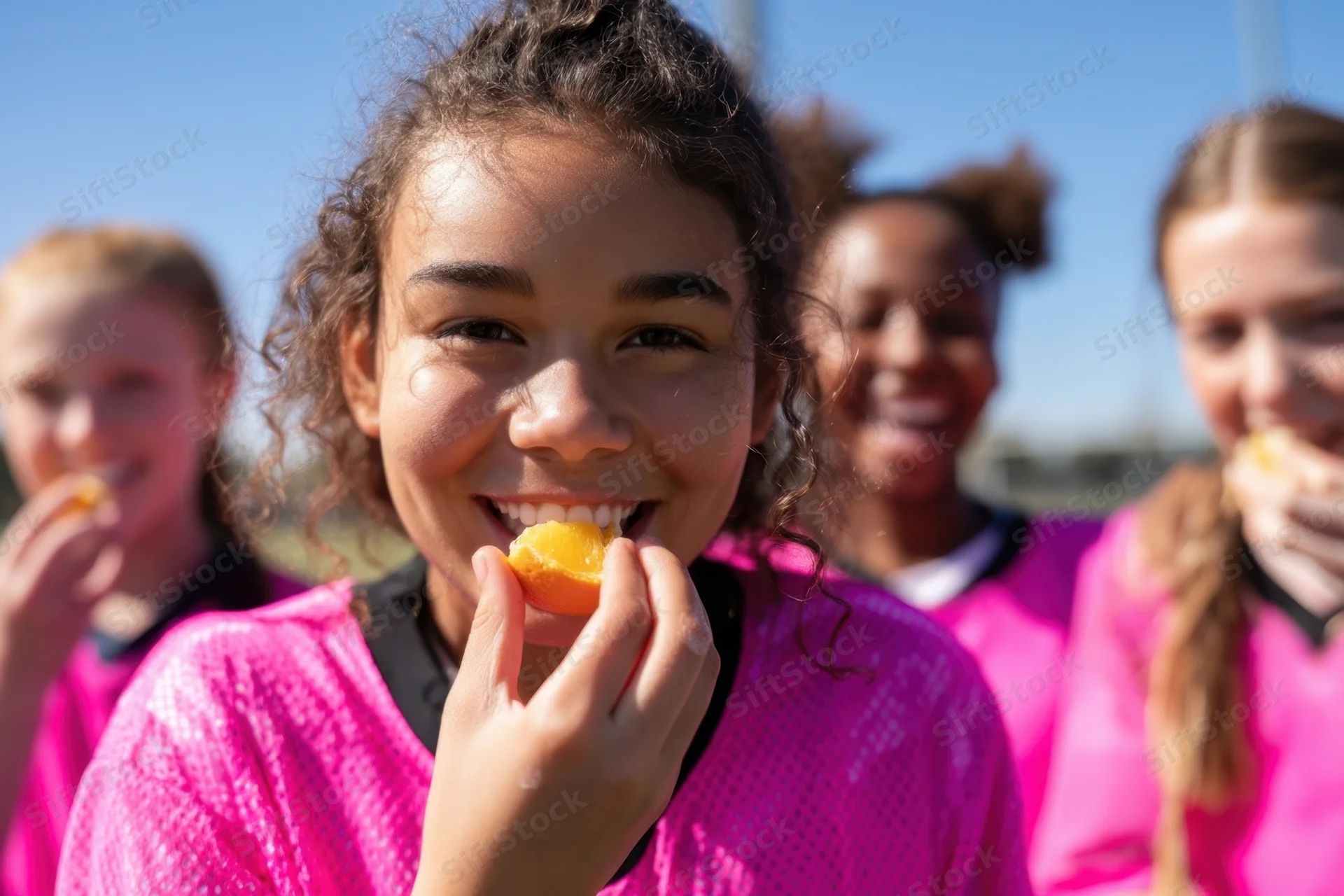 Young girl in pink sports jersey eating an orange slice on a sunny field with teammates in background