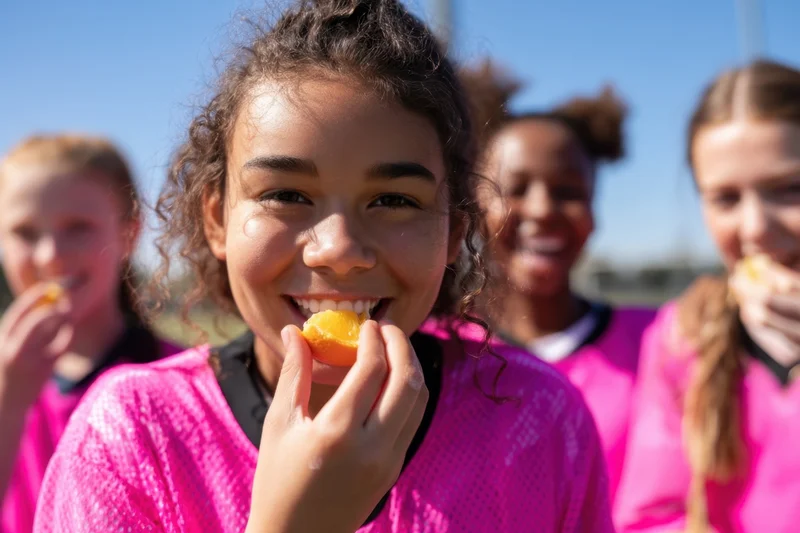 Young girl in pink sports jersey eating an orange slice on a sunny field with teammates in background