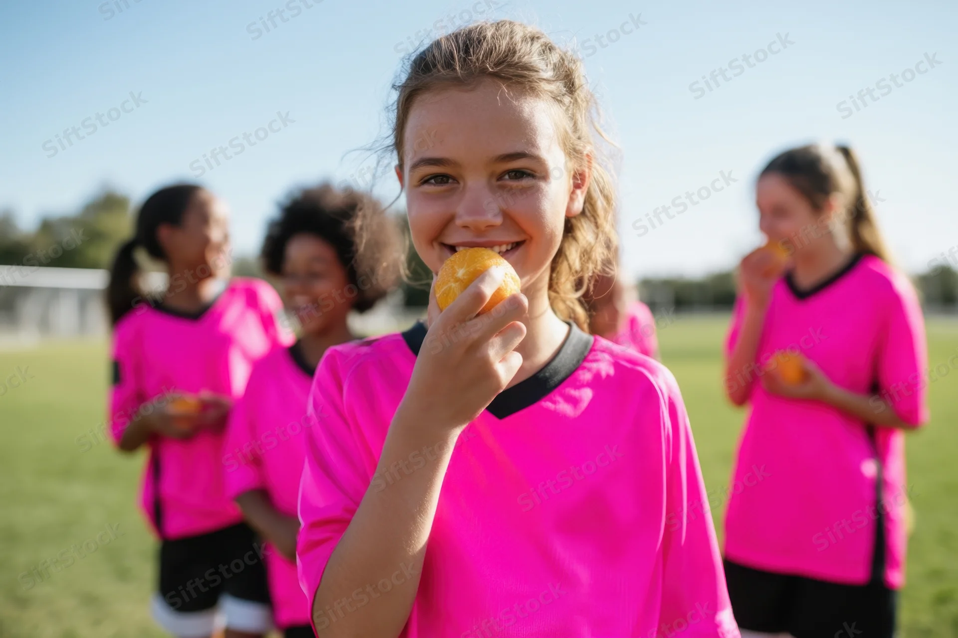 Girl in pink sports jersey eating an orange on a grass field with teammates in background