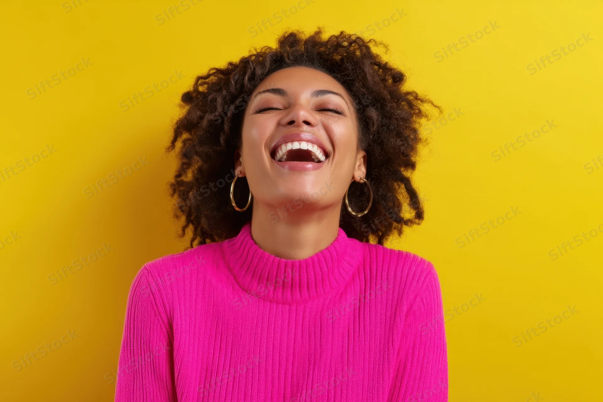 Woman laughing with eyes closed wearing pink ribbed turtleneck against yellow background