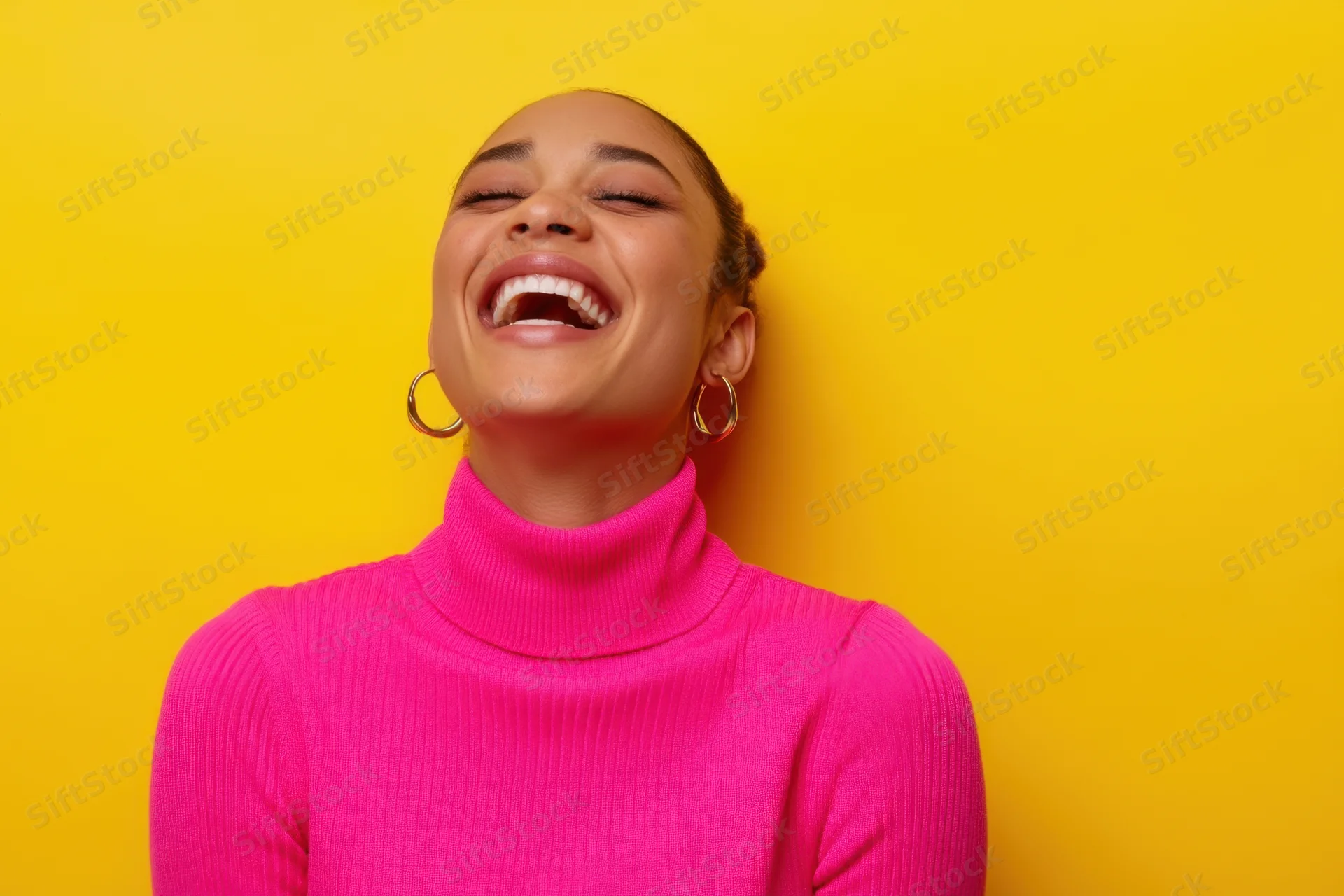 Woman laughing with eyes closed wearing pink ribbed turtleneck against yellow background