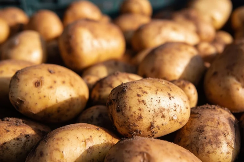 Closeup of russet potatoes with earthy skin texture in a pile