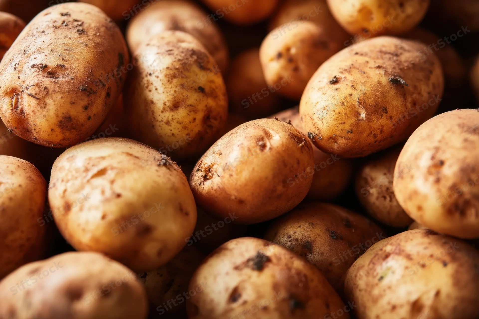 Closeup of a pile of russet potatoes with earthy skin texture