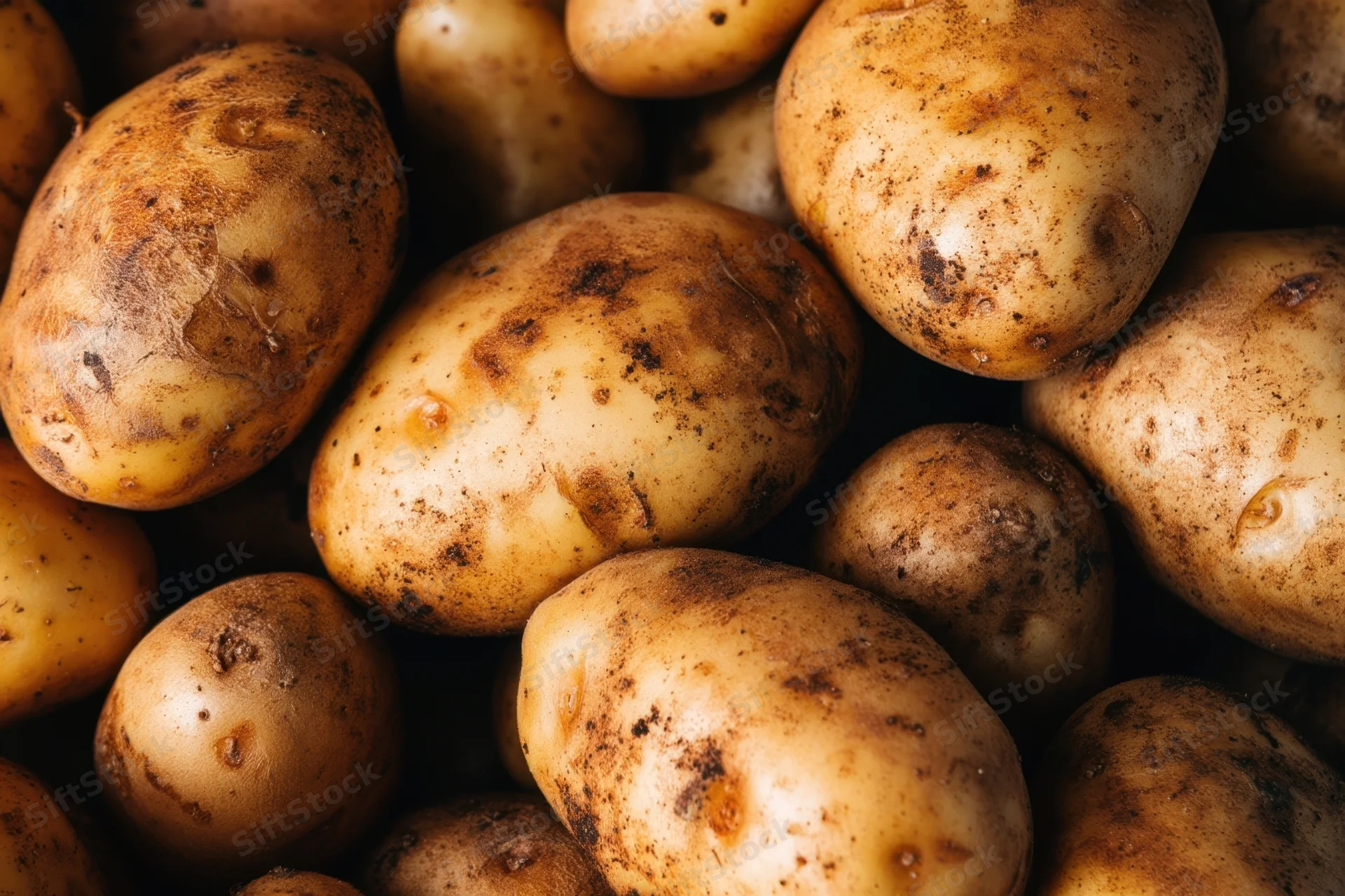 Closeup of russet potatoes with earthy skin texture piled together