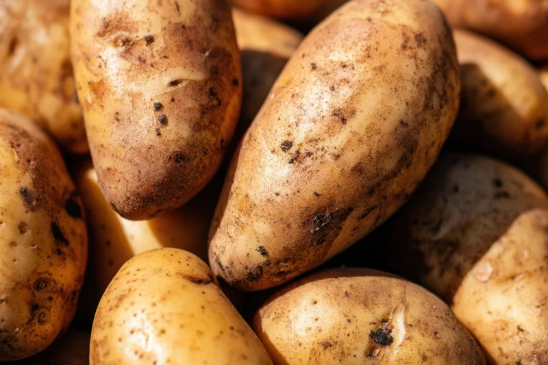 Closeup of russet potatoes piled together showing earthy skin texture