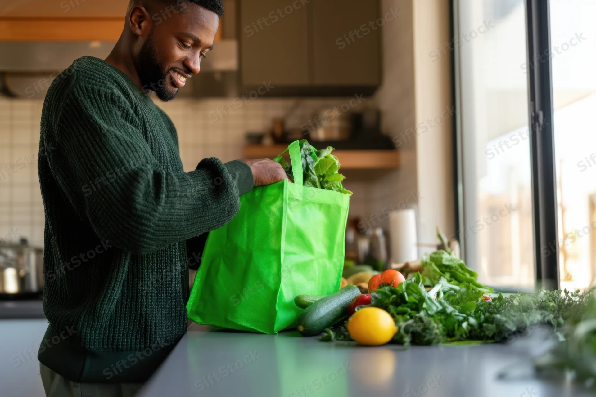 Man unpacking groceries from a green reusable bag onto a kitchen countertop